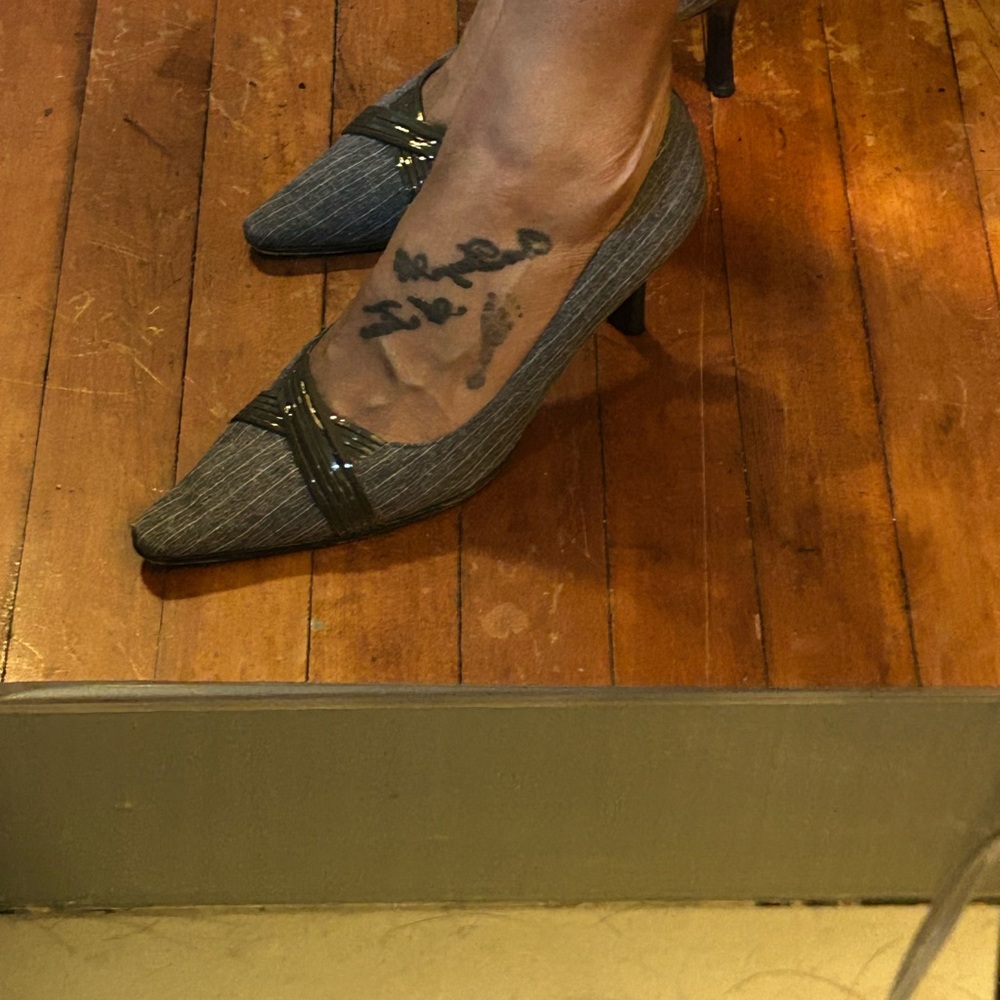 Pointed Toe Gray Pinstripe Pumps